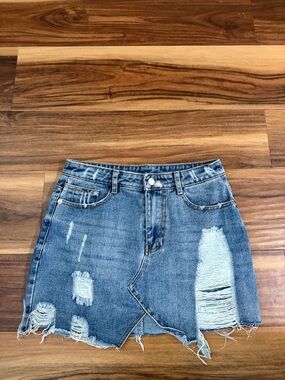 Women's Distressed Denim Mini Skirt in Blue